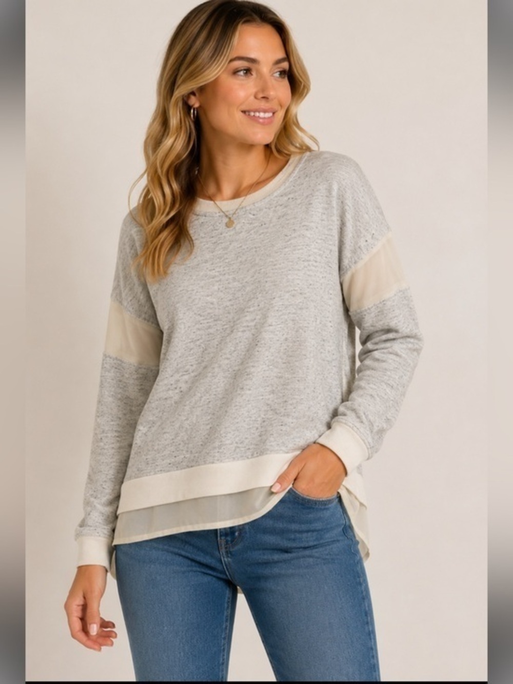 French Connection Gray Marled Layered Sweatshirt Size Large Sheer Trim